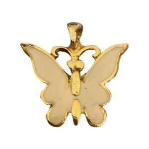 Vintage Goldtone Butterfly Pendant Ivory Enameled Small 1"